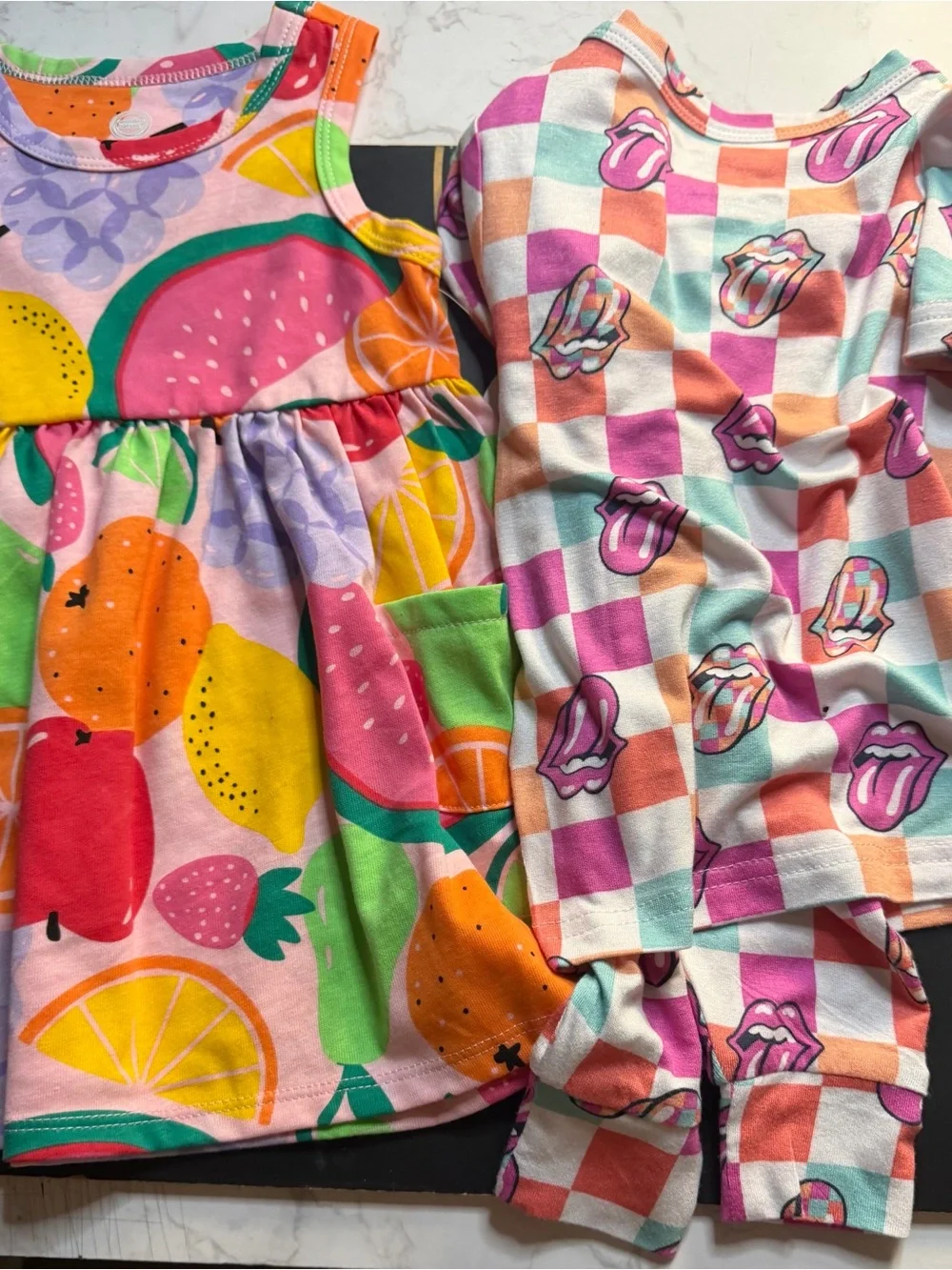 Girls Fruit Print Tank Dress & Checkered Lip PJ Set - Bright Multicolor